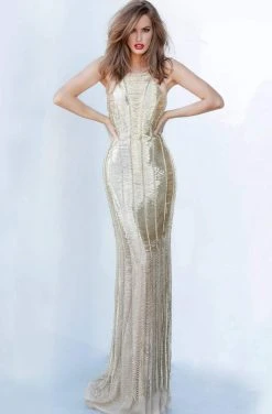 Jovani - 4076 Halter Fringe Beaded Sheath Dress