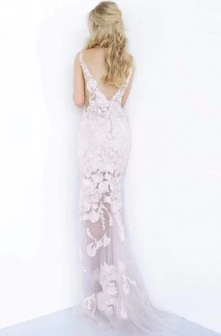 Jovani - 4084 Floral Sequin Appliqued Fitted High Low Prom Dress 14 Jovani - 4084 Floral Sequin Appliqued Fitted High Low Prom Dress