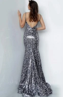 Jovani - 4087 Animal Print Deep V-neck Trumpet Dress