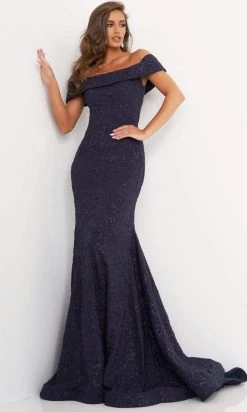 Jovani - 4564 Off Shoulder Floral Embossed Trumpet Gown