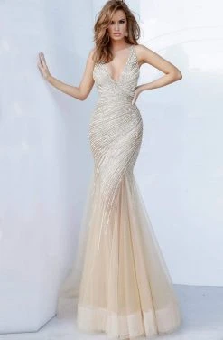 Jovani - 4741 Beaded Tulle Deep V-neck Trumpet Dress