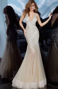 Jovani - 4741 Beaded Tulle Deep V-neck Trumpet Dress