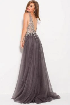 Jovani - 54873 Embellished Plunging V-neck A-line Dress
