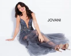 Jovani - 55621 Plunging Neckline Floral Embellished Tulle Dress