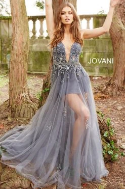 Jovani - 55621 Plunging Neckline Floral Embellished Tulle Dress