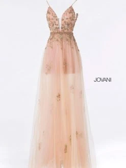Jovani - 55621 Plunging Neckline Floral Embellished Tulle Dress