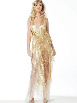 Jovani - 59642 Beaded Fringe Deep V-neck Sheath Dress