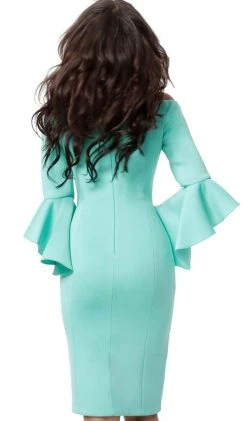 Jovani - 59992 Flounced Long Sleeve Off Shoulder Sheath Dress