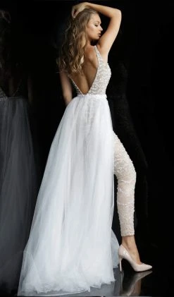 Jovani - 60010 Beaded Deep V-neck Jumpsuit With Tulle Overskirt