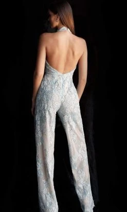Jovani - 60124 Embellished Lace Halter V-neck Jumpsuit With Overskirt