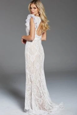Jovani - 60314 Butterfly Sleeve Plunging Intricate Lace Gown
