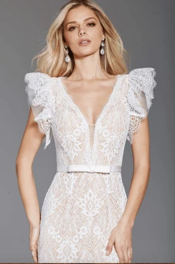 Jovani - 60314 Butterfly Sleeve Plunging Intricate Lace Gown