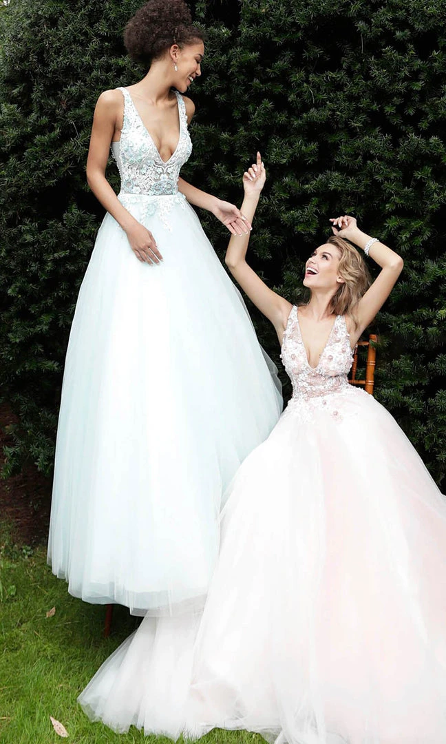 Jovani - 61109 Floral Applique Plunging V-neck Tulle Ballgown 9 Jovani - 61109 Floral Applique Plunging V-neck Tulle Ballgown