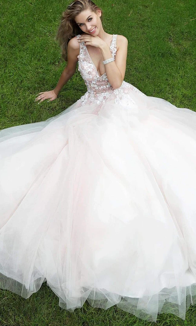 Jovani - 61109 Floral Applique Plunging V-neck Tulle Ballgown 5 Jovani - 61109 Floral Applique Plunging V-neck Tulle Ballgown