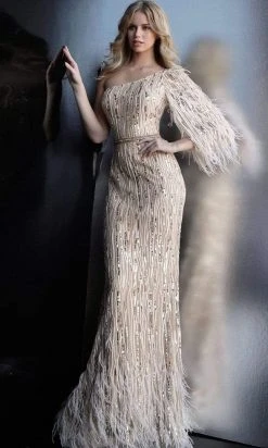 Jovani - 63342 Feathered Bishop Sleeve Asymmetrical Gown