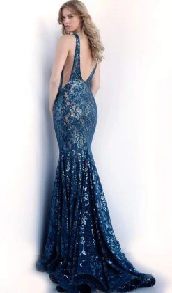 Jovani - 63437 Sequined Lace Deep V-neck Mermaid Dress