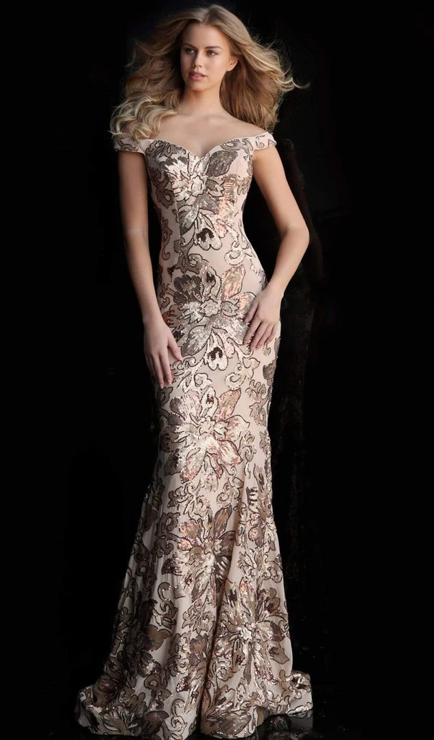 Jovani - 63516 Sequined Off Shoulder Floral Mermaid Gown 3 Jovani - 63516 Sequined Off Shoulder Floral Mermaid Gown