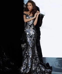 Jovani - 63516 Sequined Off Shoulder Floral Mermaid Gown 18 Jovani - 63516 Sequined Off Shoulder Floral Mermaid Gown