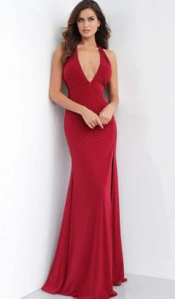 Jovani - 63557 Embellished Deep Halter V-neck Trumpet Dress
