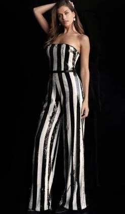 Jovani - 65397 Strapless Striped Sequined Jumpsuit