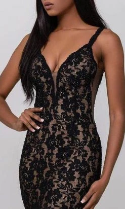 Jovani - 65576 Embellished Lace Deep V-neck Sheath Dress