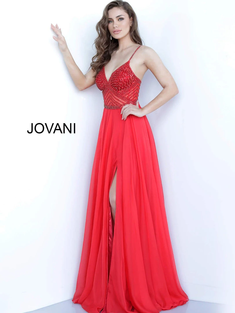 Jovani - 66925 Beaded Plunging V-neck Chiffon A-line Dress 5 Jovani - 66925 Beaded Plunging V-neck Chiffon A-line Dress