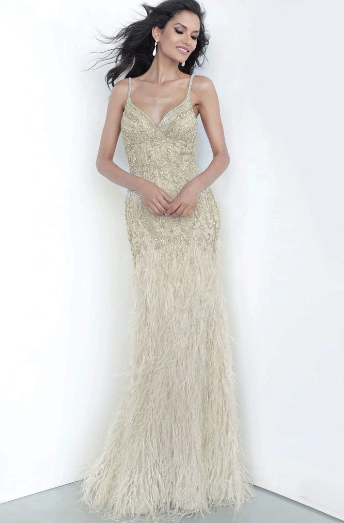 Jovani - 68827 Embellished V-neck Feathered Trumpet Dress 3 Jovani - 68827 Embellished V-neck Feathered Trumpet Dress