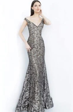 Jovani - 8083 Metallic Lace Off-Shoulder Trumpet Dress