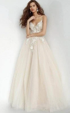 Jovani - Embellished V-Neck Prom Ballgown 02758SC - 1 Pc Nude In Size 8 Available Long Dresses