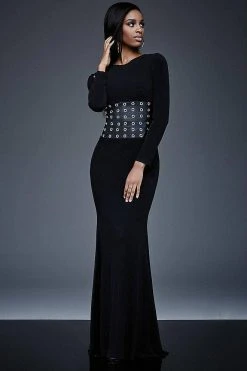 Jovani - Long Sleeve With Leather Waistline Black Evening Dress M309