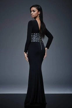 Jovani - Long Sleeve With Leather Waistline Black Evening Dress M309