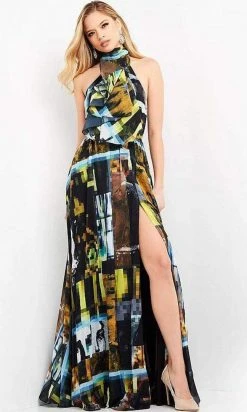 Jovani - M1882 Scarf Styled Neck Flowy Printed Dress