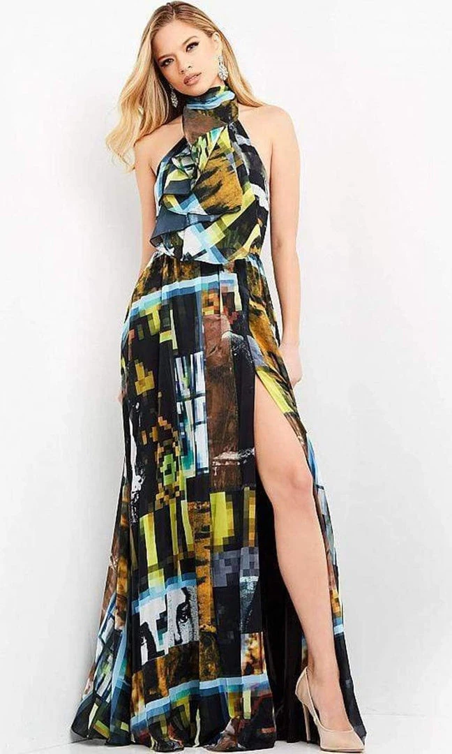Jovani - M1882 Scarf Styled Neck Flowy Printed Dress 3 Jovani - M1882 Scarf Styled Neck Flowy Printed Dress