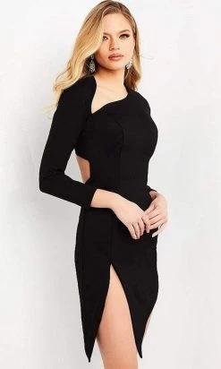 Jovani - M2252 Long Sleeve Asymmetric Sleek Short Dress