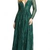 Mac Duggal - 11184 Illusion Long Sleeve V-Neck Embellished A-Line Gown