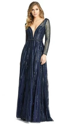 Mac Duggal - 11184 Illusion Long Sleeve V-Neck Embellished A-Line Gown