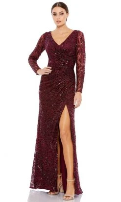 Mac Duggal - 12412 Long Sleeve Sequined Lace High Slit Dress