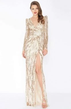 Mac Duggal - 4635R Long Dynasty Sleeve Sequined High Slit Gown