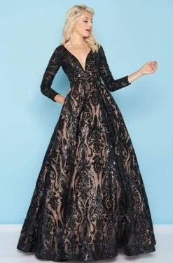 Mac Duggal - 66334H Sequin Deep V-neck Ballgown