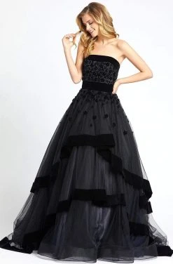 Mac Duggal - 66346H Velvet Trimmed Strapless Tiered Evening Gown