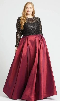 Mac Duggal - 77473F Sequined Lace Long Sleeve Satin Ballgown