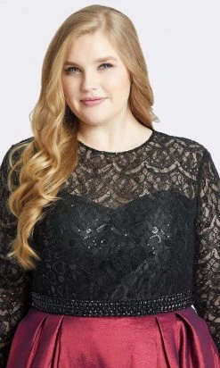 Mac Duggal - 77473F Sequined Lace Long Sleeve Satin Ballgown