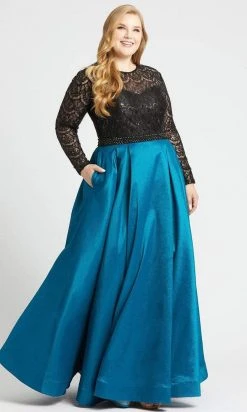 Mac Duggal - 77473F Sequined Lace Long Sleeve Satin Ballgown