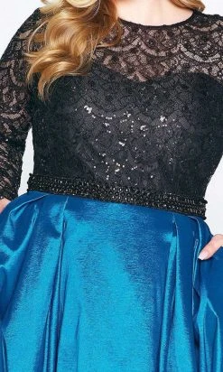 Mac Duggal - 77473F Sequined Lace Long Sleeve Satin Ballgown