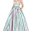 Mac Duggal Ballgowns - 40899H Stripe-Print Plunging Empire Ballgown