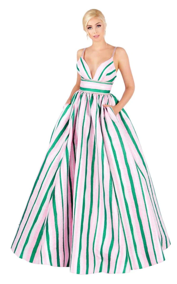 Mac Duggal Ballgowns - 40899H Stripe-Print Plunging Empire Ballgown 3 Mac Duggal Ballgowns - 40899H Stripe-Print Plunging Empire Ballgown