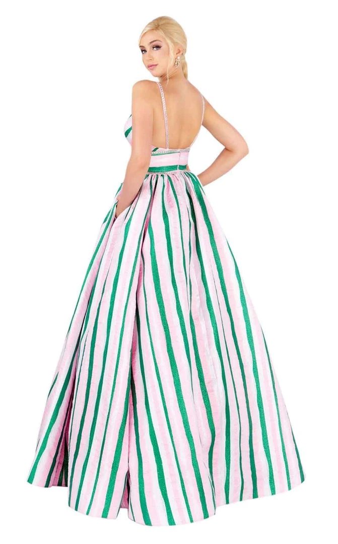 Mac Duggal Ballgowns - 40899H Stripe-Print Plunging Empire Ballgown 5 Mac Duggal Ballgowns - 40899H Stripe-Print Plunging Empire Ballgown