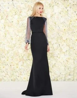 Mac Duggal - Bateau Silver Beaded Trumpet Gown 20116R - 1 Pc Blk In Size 6 Available