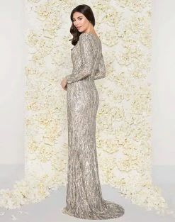 Mac Duggal - Beaded V-Neck Long Sleeves Sheath Gown 4578D - 1 Pc Midnight Blue In Size 16 Available