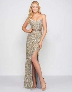 Mac Duggal - Bedazzled Sheath Dress With Slit And Train 4691D - 1 Pc Plg In Size 14 Available